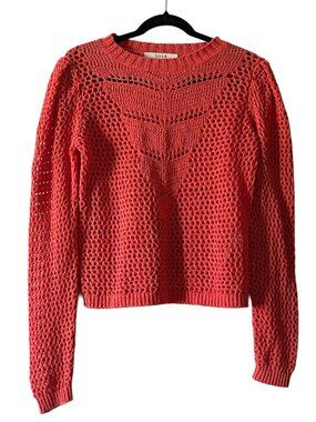 Joie Pointelle Knit Sweater Coral Red Open Knit Crew Neck Size S